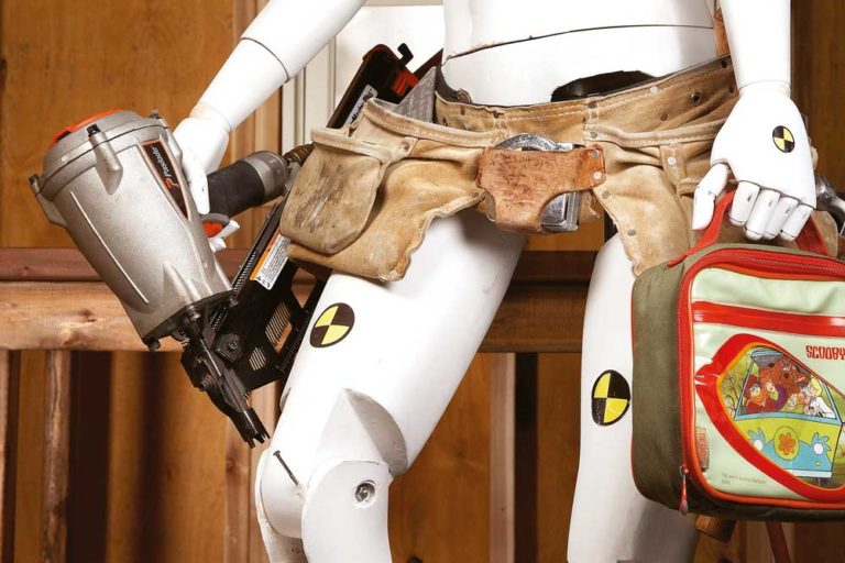 Crash test dummy with DIY power tools