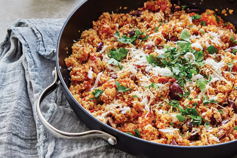 Risotto-Style Quinoa with Olives, Tomatoes and Haloumi